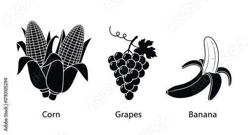 A simple illustration depicting corn grapes and a banana in black and white