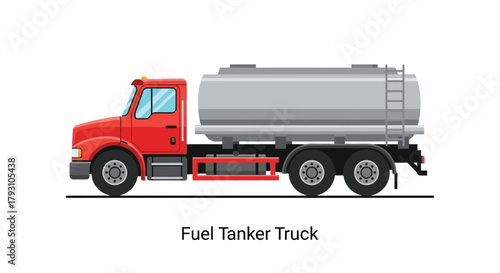Illustration of a red fuel tanker truck with a large silver tank