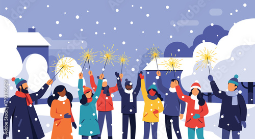 Group of people celebrating with sparklers in snowy winter landscape.