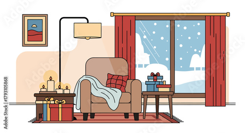 cozy winter living room scene with gifts clip art preview