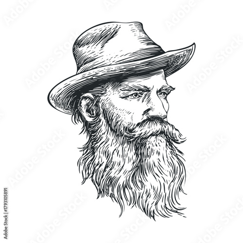 Bearded man with hat in vintage style sketch art design.Vector hand draw