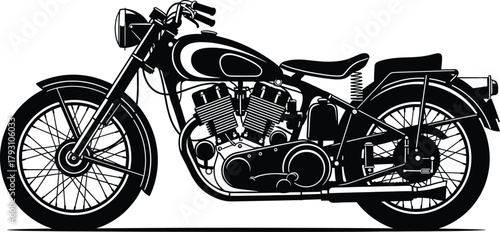 Black and white silhouette of a vintage motorcycle, motorcycle, vintage, retro, bike, silhouette, black and white, transportation, vehicle, classic, engine, wheels, handlebars, seat, chrome, spokes, s