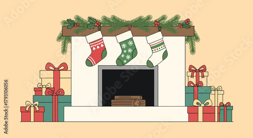 Festive Fireplace Scene with Stockings and Gifts Illustration.
