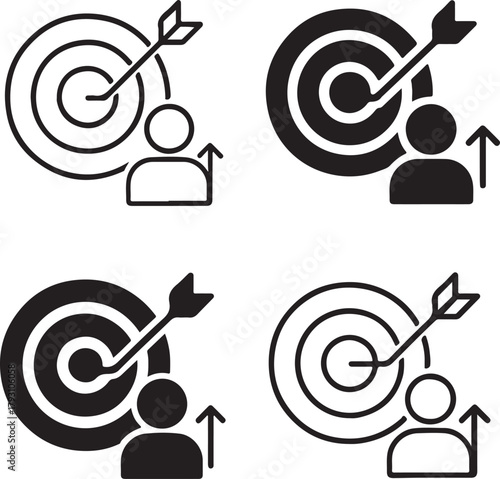 Isolated Goal Achievement black vector icon set, goal achievement icons, target success motivation growth, solid black outline filled minimal thin stroke, career accomplishment symbols