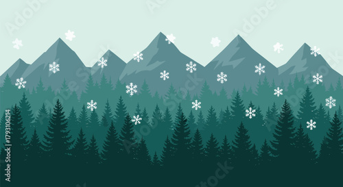 Winter Forest Landscape with Snow-Capped Mountains and Evergreen Trees.