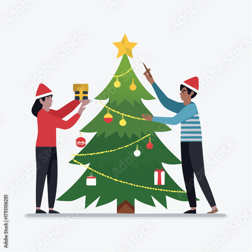 Two people decorating a Christmas tree with ornaments and a star on top, celebrating the holiday season