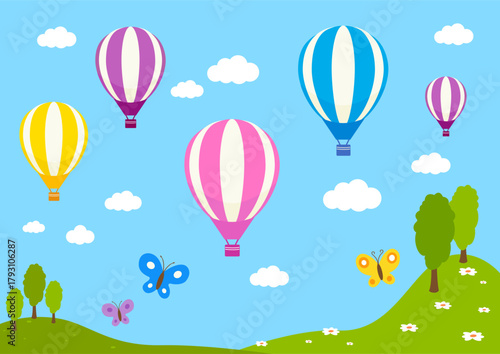 Beautiful nature background with green hills, mountains and colorful air balloons fly in the blue sky with clouds. Happy hot air balloons of various colors traveling in the air.  Vector illustration