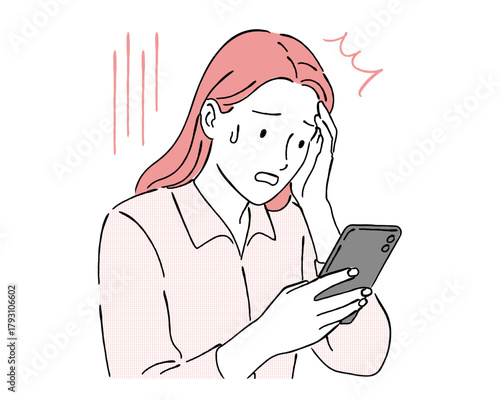 スマホを見て焦る女性,驚き,トラブル,ショック,スマートフォン,問題発生,シンプル,ベクター