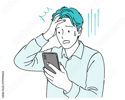 スマホを見て焦る男性,驚き,トラブル,ショック,スマートフォン,ビジネス,シンプル,ベクター