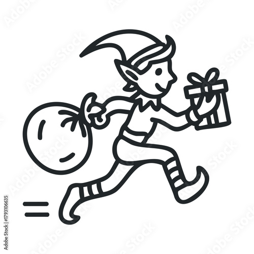 Cheerful elf carrying a gift and bag during holiday season.Vector  Black and white line art