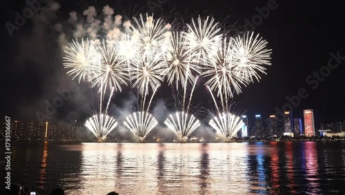 Fireworks display over water at night with city skyline.