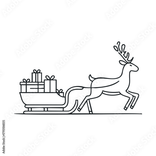 Sleigh and reindeer delivering gifts during holiday season.Vector hand draw