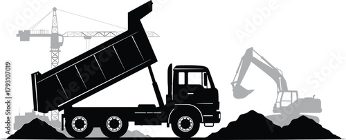 Black dump truck unloading dirt near excavator and crane, construction, truck, dump truck, excavator, crane, heavy machinery, industrial, dirt, soil, sand, load, unload, transport, building, site, wor