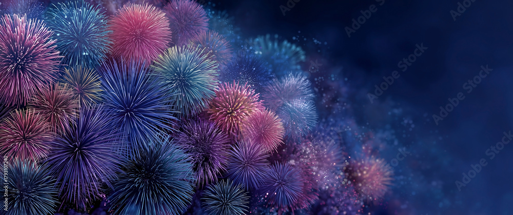 Fototapeta premium Radiant fireworks bursting across a deep night sky with sparkling trails and shimmering light forming a vivid festive display that fills the atmosphere with vibrant motion and glowing color 