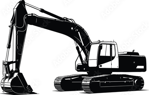 Black excavator machine with large bucket and tracks, excavator, construction, heavy equipment, machine, vehicle, industrial, digger, bulldozer, tractor, earthmover, machinery, transport, building, in