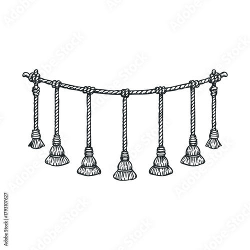 Decorative rope garland with tassels for creative projects.Vector hand draw