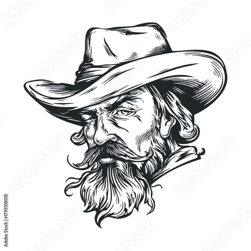 Detailed head portrait of a rugged cowboy with a classic hat.Vector hand draw