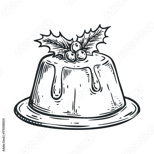 Festive dessert with holly for holiday celebrations and events.Vector hand draw