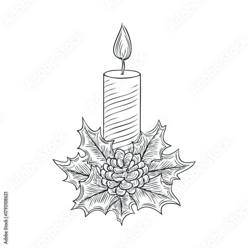 Holiday candle arrangement with pinecone and holly for festive decor.Vector hand draw