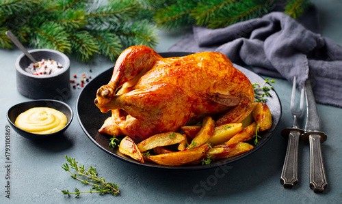 Roasted chicken with potatoes on a black plate. Christmas dinner. Grey background. Close up.