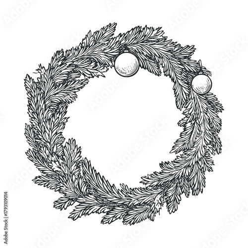 Decorative winter wreath with ornaments and greenery for holiday decor.Vector hand draw