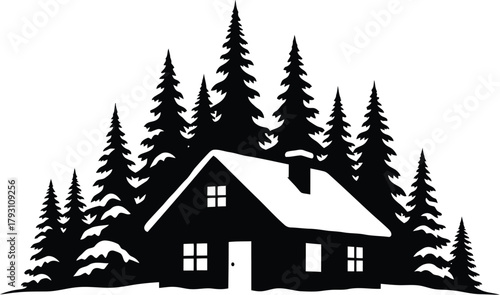 A cozy cabin nestled among tall pine trees, evokes a sense of peace and tranquility in the wilderness