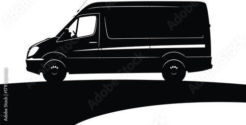 Black silhouette of a cargo van on a white background, van, cargo van, silhouette, black, white, vehicle, transportation, delivery, transport, commercial, automobile, driving, road, shadow, graphic, i