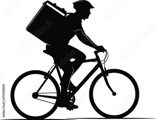 Black silhouette of a delivery person on a bicycle with a large insulated bag, delivery person, bicycle, courier, delivery, food delivery, bike, cyclist, silhouette, black and white, transportation, s
