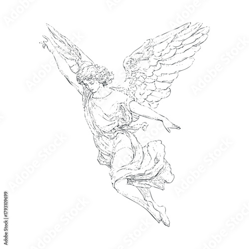 Angel with flowing robes and outstretched wings in dynamic pose.Vector hand draw