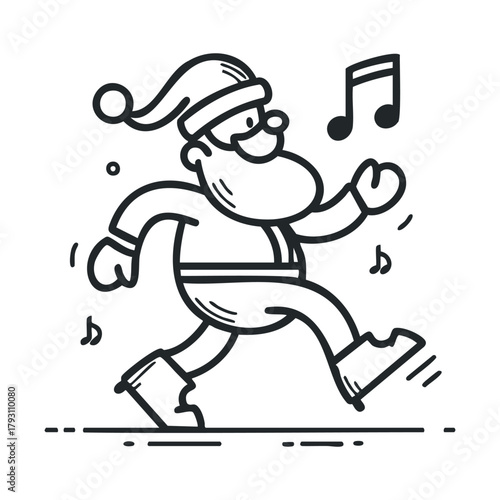 Santa Claus enjoying festive music while walking.Vector hand draw