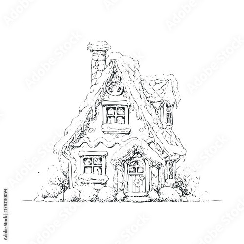 Cozy cottage with a thatched roof in a whimsical style.Vector hand draw