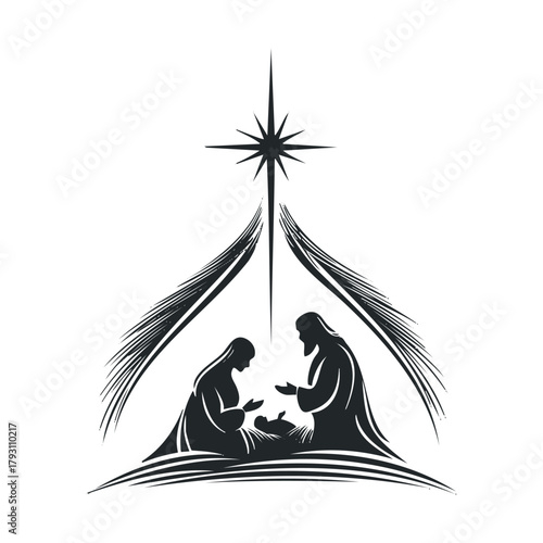 Nativity scene with star and holy family by the manger.Vector hand draw