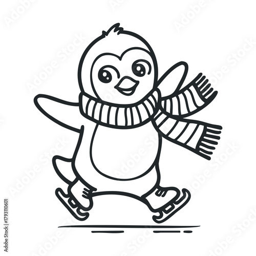Playful penguin on ice wearing a colorful scarf for winter fun.Vector outline icon