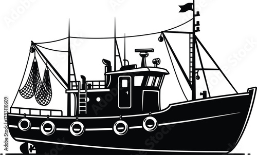 Black silhouette of a fishing trawler boat with nets, fishing boat, trawler, silhouette, black and white, maritime, ocean, sea, vessel, ship, nets, fishing, industry, watercraft, marine, transport, na