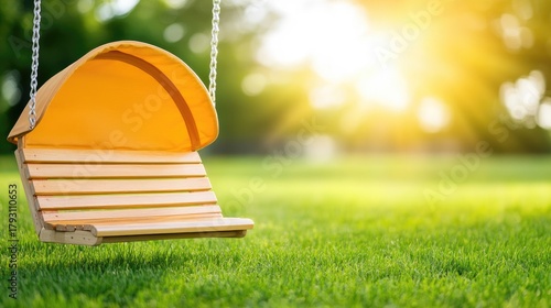 Fototapeta Naklejka Na Ścianę i Meble -  Serene wooden garden swing beneath a glowing canopy at sunset in a tranquil summer park