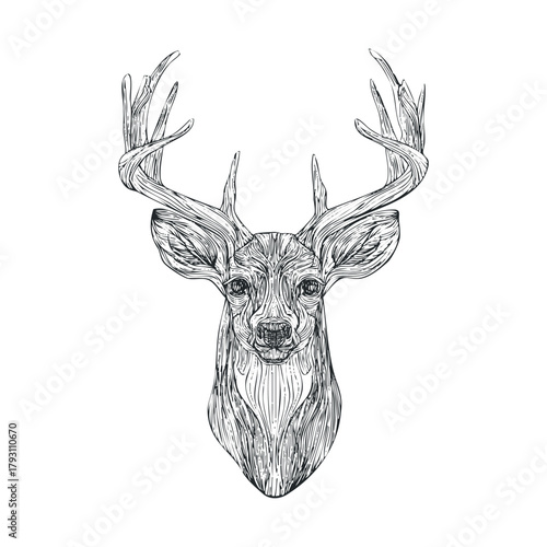 Deer head sketch with intricate details and majestic antlers.Vector hand draw