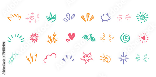 Colorful doodle symbols Collection, Fun Cartoon Rainbow and Starburst Vector Illustration, 
sparkles, lightning, heart, cloud, abstract shapes on a white background