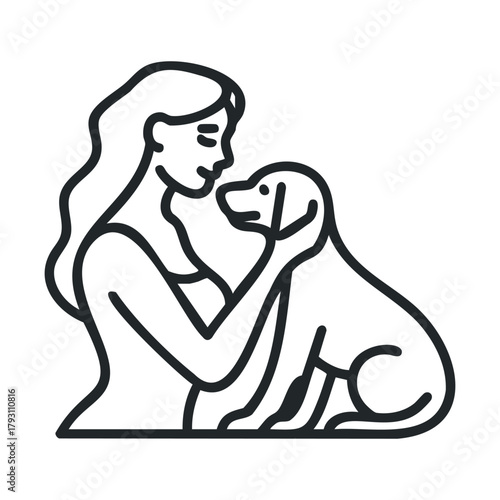 Caring moment between a woman and her dog expressing love.Vector outline icon