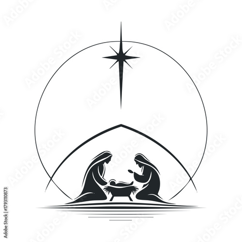 Nativity scene with Mary and Joseph adoring baby Jesus at night.Vector hand draw