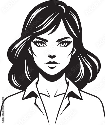 Stylish black and white woman face icons with curly hair style on white background 