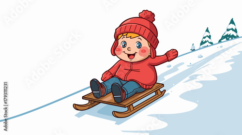 Joyful child gliding on sled across snowy hill child on toboggan hill