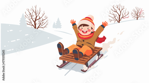 Laughing child sledding fast down snowy hill child on toboggan hill
