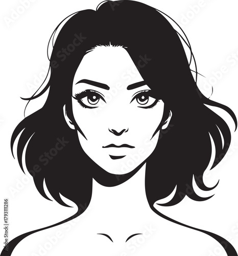 Stylish black and white woman face icons with curly hair style on white background 