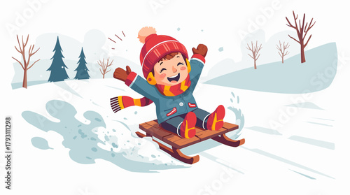 Excited child speeding on sled through snowy landscape child on toboggan hill