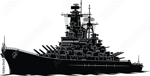 Black silhouette of a large battleship with multiple gun turrets, battleship, warship, naval, military, ship, silhouette, black and white, illustration, vector, maritime, navy, vessel, ocean, sea, wat