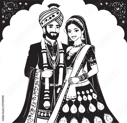 Beautiful royal Indian marriage ceremony black and white vector couple lovely marriage