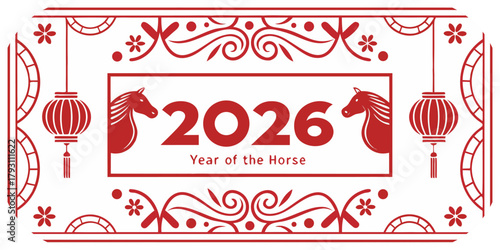 2026 Year of the Horse Chinese New Year greeting with red horses and lanterns vector illustration