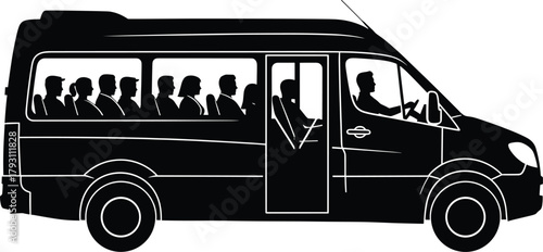 Black silhouette of a minibus with passengers and driver, minibus, van, transport, transportation, vehicle, passengers, people, driver, silhouette, black and white, travel, journey, commute, public tr