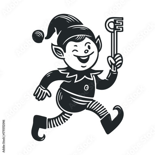 A playful elf character happily running while holding a large key.Vector hand draw