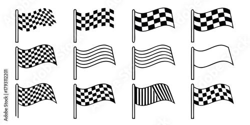 Assorted Racing Flags Including Checkered Flags And Waving Flags finish line start line